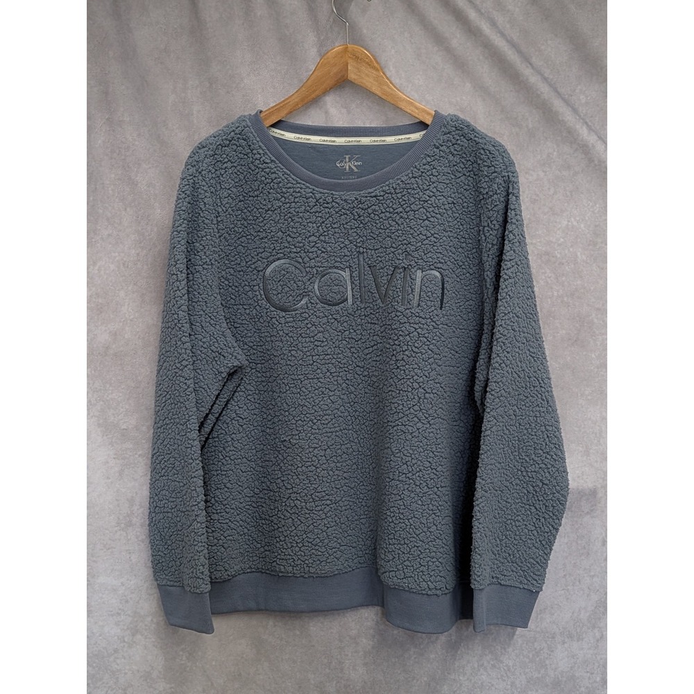 Calvin Klein Womens XXL Sherpa Fleece Sweatshirt Blue Logo Crewneck C40
